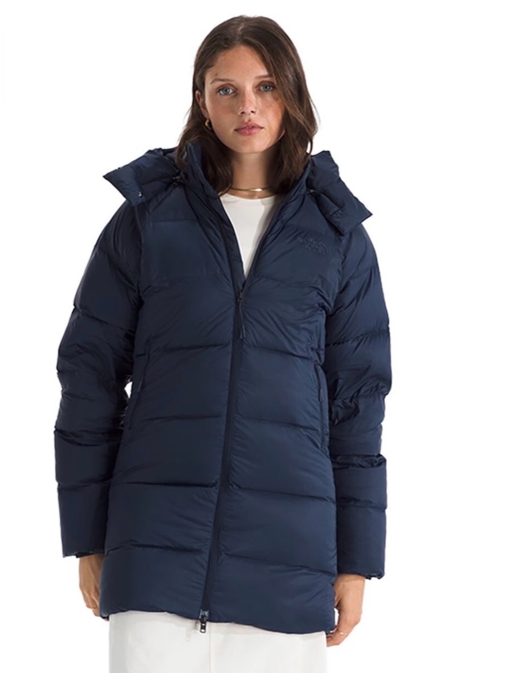 The North Face Women's Blue Hooded Puffer Jacket Full Zip Mid-Length Pockets